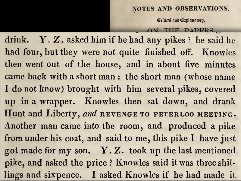 Report from spy, referencing making of pikes, in 'Notes and Observations ...'