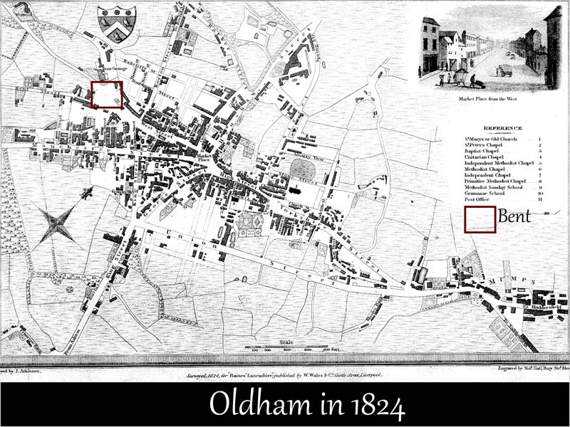 Oldham in 1824 (red square indicates location of 'Bent')